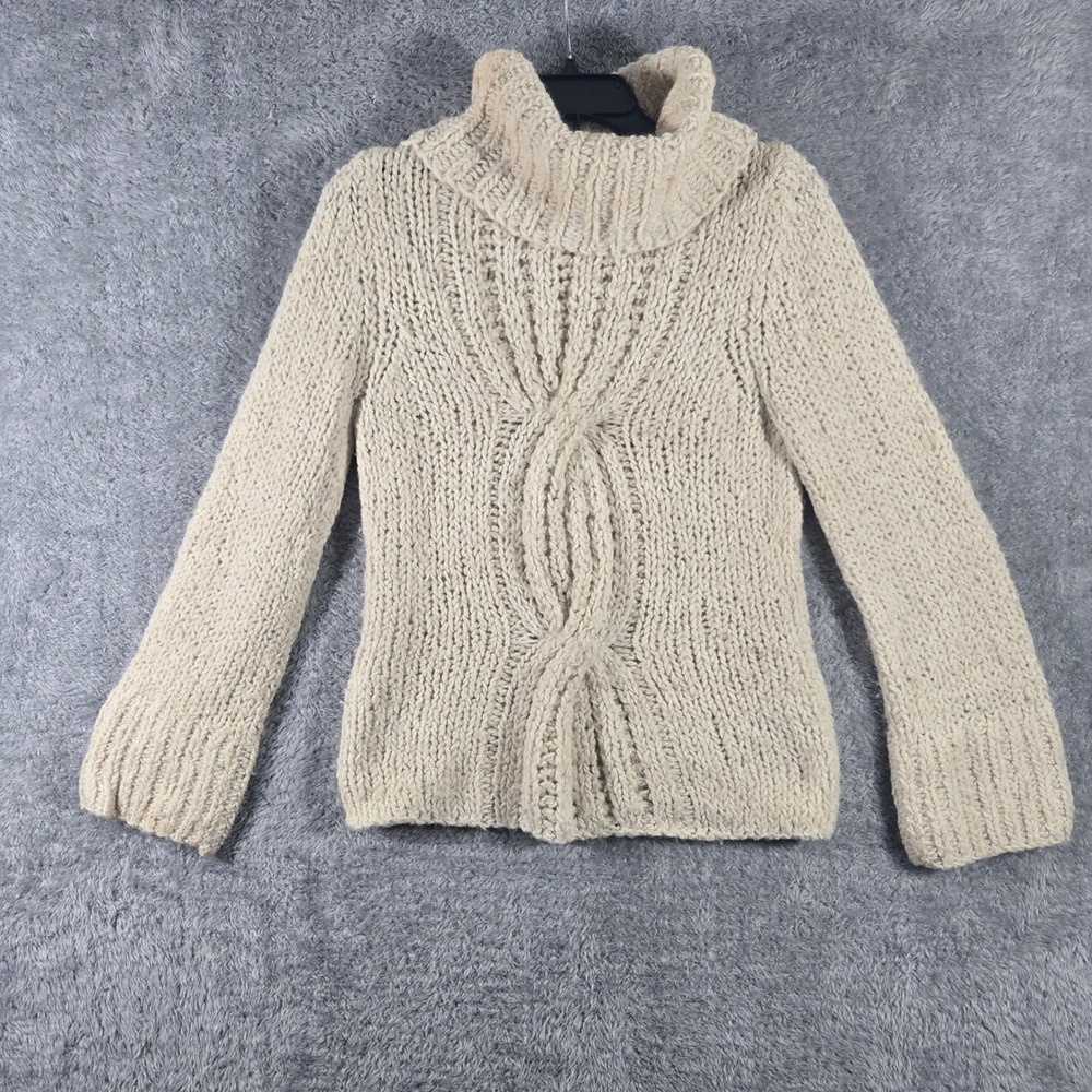 Express Handknit Wool Blend Cable Knit Turtleneck Sweater Cream Ivory XS
